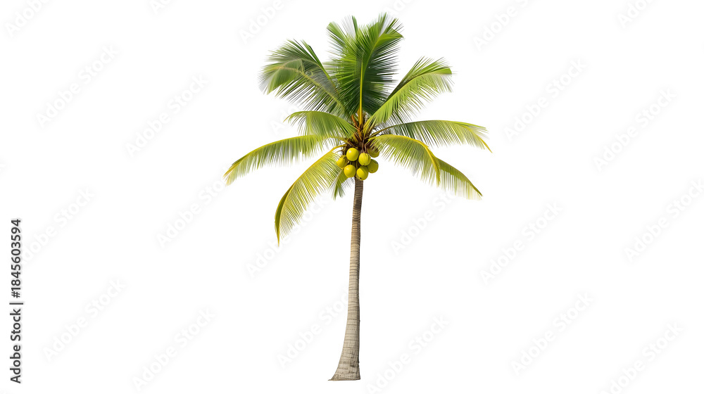 Fototapeta premium Lush coconut palm tree with green coconuts on a white background