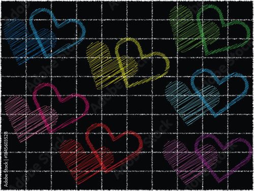 colorful hand drawn heart doodles on black chalkboard grid background for love concept design, vibrant sketch style hearts collection on dark chalkboard grid background for valentine art