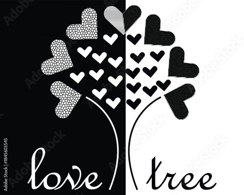 Black and White Love Tree with Heart Shaped Leaves Symbolizing Romance and Balance, Abstract Love Tree Illustration with Heart Leaves in Black and White Minimal Romantic Art, Monochrome Love Tree 