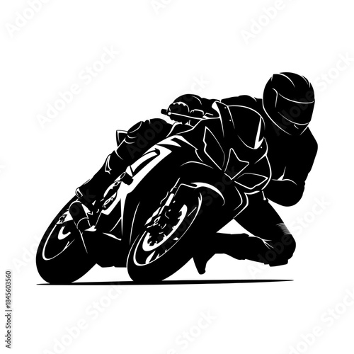 Dynamic monochrome silhouette of motorcycle racer leaning into sharp turn, showcasing speed, agility, and the thrill of motorsports competition and freedom