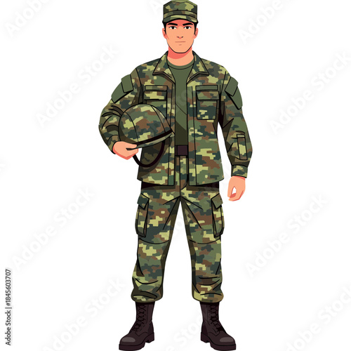 Young soldier in full camouflage uniform standing ready for duty