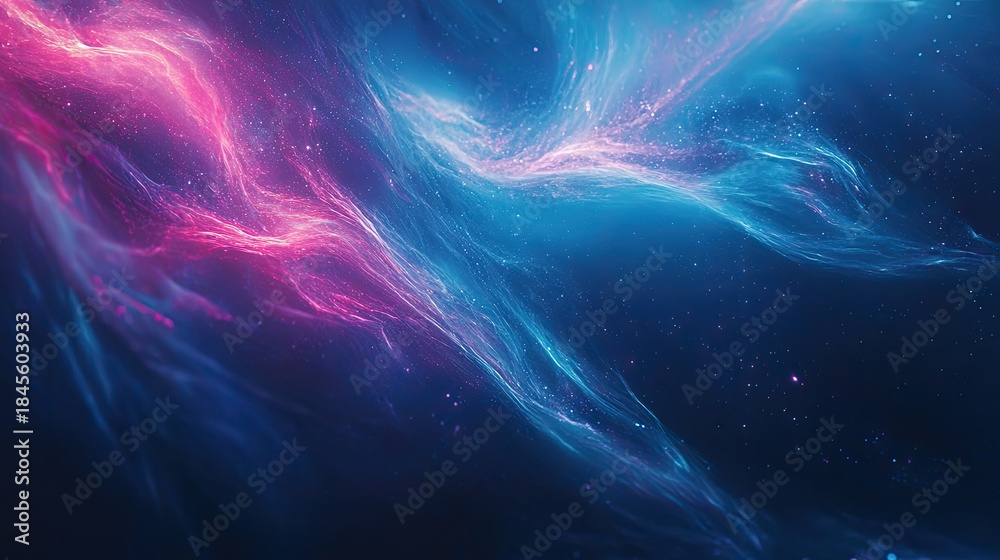 Obraz premium Abstract cosmic nebula forming a dynamic blend of glowing pink and blue gas and stardust across an expansive dark universe background, evoking interstellar energy