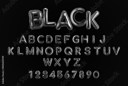 Black balloon alphabet. 3d dark bubble letters, realistic inflated text font for sale or helloween party abstract liquid figure y2k english typography, exact vector illustration