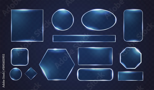 Neon glass frames. Realistic blue glasses lens, clear frame futuristic screen game box digital glow effect square circle hexagon button sparkle frame, exact vector illustration