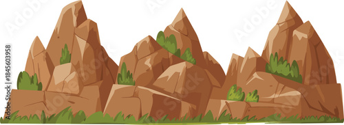 Rugged rocky mountain landscape illustration, brown cliffs, desert environment, wild terrain, hiking adventure background