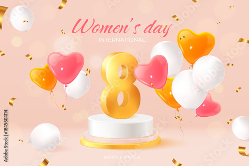 Women day balloons. 8 march International woman holiday banner, realistic ballon eight number spring party celebration 3d decor greeting card background exact vector illustration