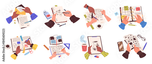 Hands write top view. Woman hand writing diary letter, man hold notebook make notes schedule school homework table pen paper document above desk, hobby classy vector illustration