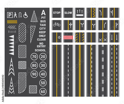 Road marking. Asphalt surface marks top view, city traffic street road markings highway lanes strip line crosswalk bus stop sign cartoon roadway mark kit kicky vector illustration