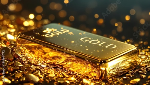 Shiny Gold Bullion Bar on Pile of Nuggets with Bokeh Background