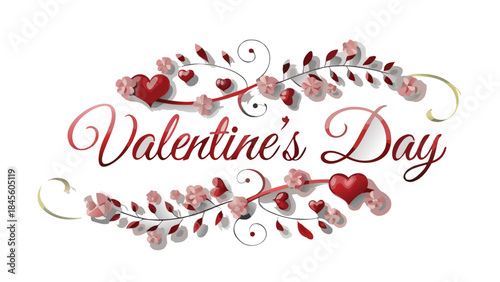 Elegant red cursive valentine's day text with hearts and flowers on white background for love and greeting cards