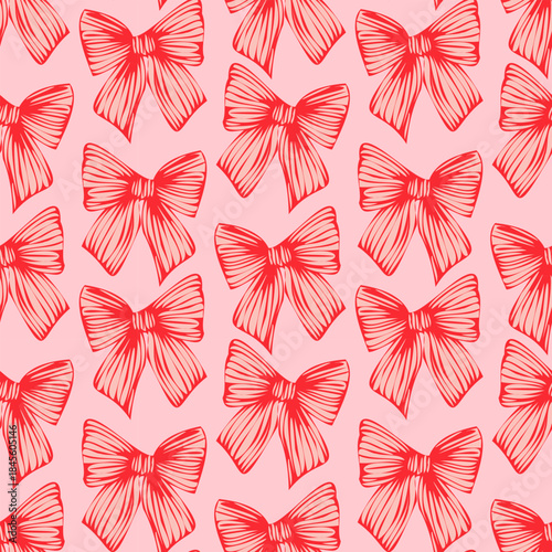 Seamless pattern with red hand drawn ribbon and bow on pink background. Trendy holiday design for Christmas,  Valentine’s Day, birthday, wedding