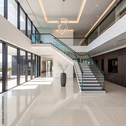 Luxurious Modern Foyer with Grand Glass Staircase, High Ceilings, and Abundant Natural Light in a Contemporary Home Interior