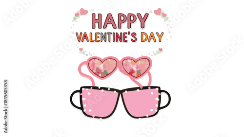 Flat illustration of two pink heart shaped coffee mugs with polka dots on a white background for valentine's day