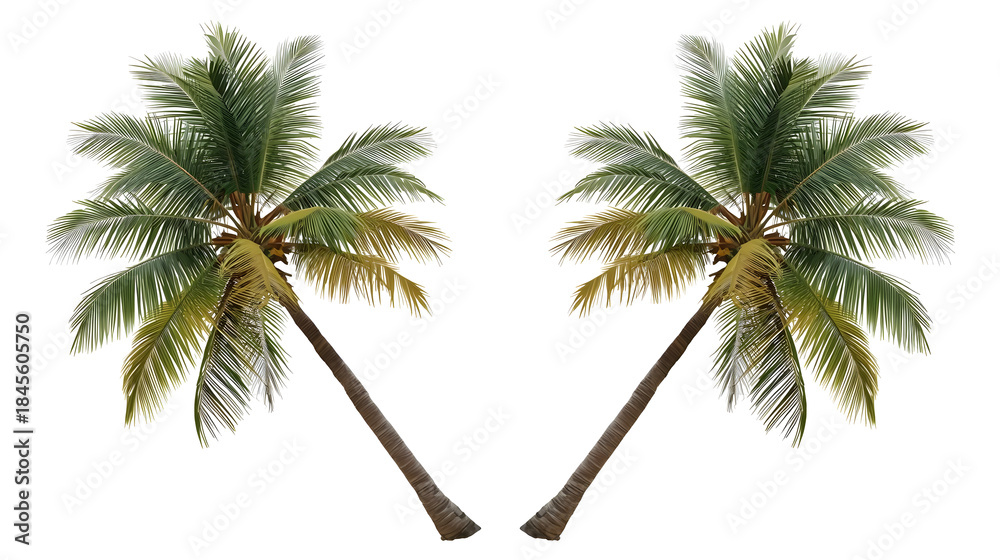 Obraz premium Two palm trees leaning towards each other on white background