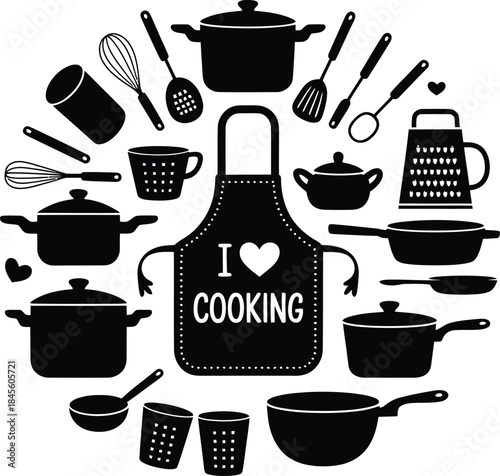  I Love Cooking Vector Featuring Apron Surrounded by Black and White Kitchen Utensils Like Whisk, Ladle, and Cookware.