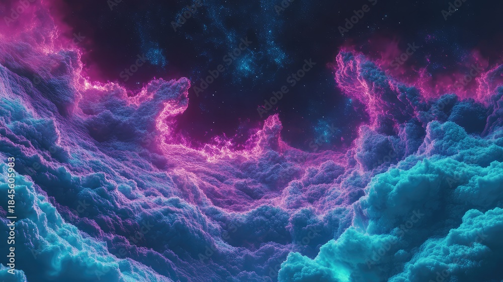 Obraz premium Abstract fantasy landscape showing colorful gas clouds glowing in electric blue, purple, and magenta, creating a vibrant cosmic atmosphere with stardust