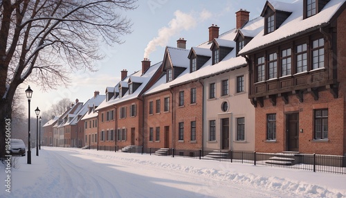 The street itself is completely covered in snow, showing soft tracks from a passing vehicle