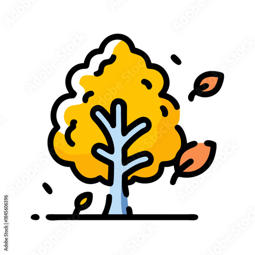 Stylized autumn tree with vibrant yellow foliage and falling leaves, depicting the essence of fall season