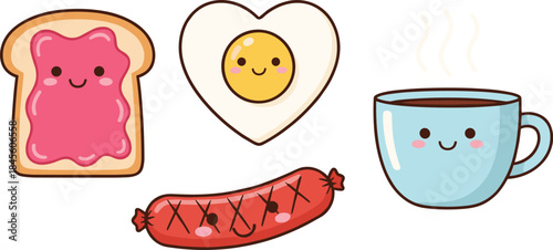 Cute kawaii breakfast food characters vector illustration with smiling toast egg sausage and coffee cup design