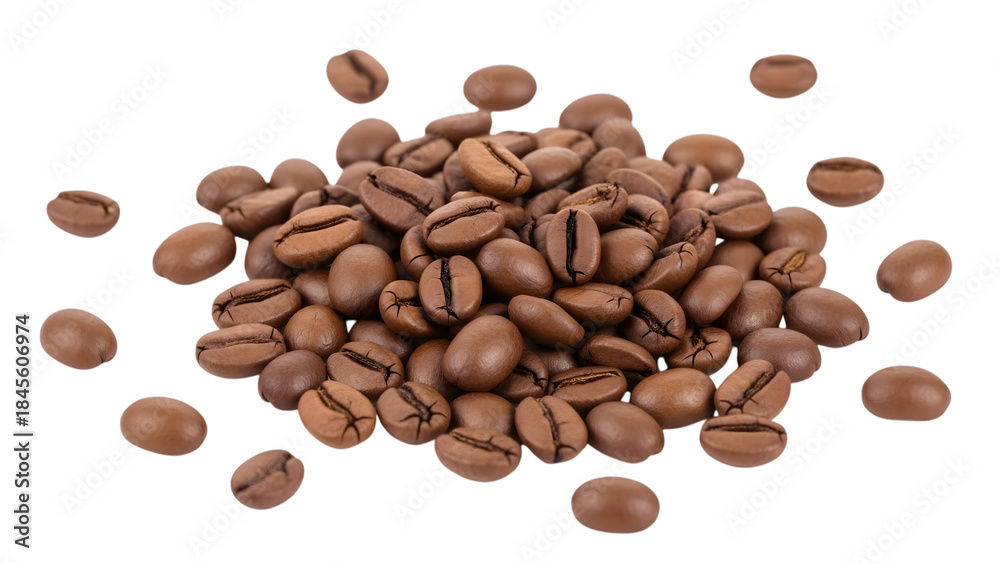 Naklejka premium Brown coffee beans scattered and piled isolated on a transparent background heap