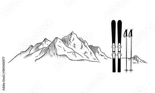 skis and ski poles on mountain range landscape