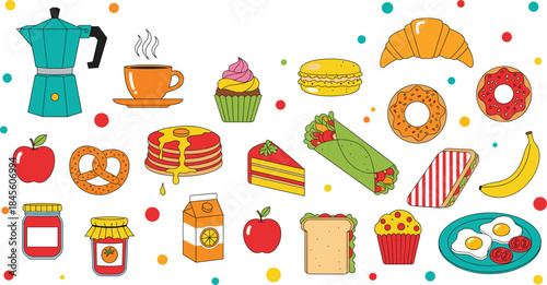 Cute breakfast food and coffee elements vector illustration set with pastries fruits and drinks isolated