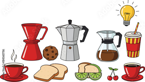 Coffee brewing equipment with bread and snacks vector illustration for breakfast cafe beverage and barista design