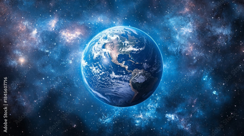 Obraz premium The glowing Earth against a backdrop of stars and galaxies conveys the grandeur of space — an impressive backdrop for scientific articles or science fiction covers.