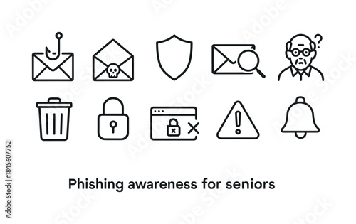 Cybersecurity linear icon set. featuring phishing awareness, email safety, secure browsing, and alert symbols