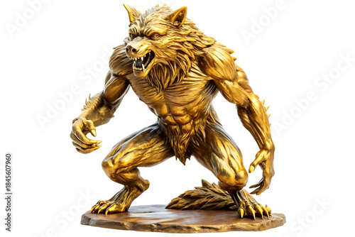 Golden Werewolf statue on rock base, detailed realistic illustration, cutout, PNG, isolated on white or transparent background, AI