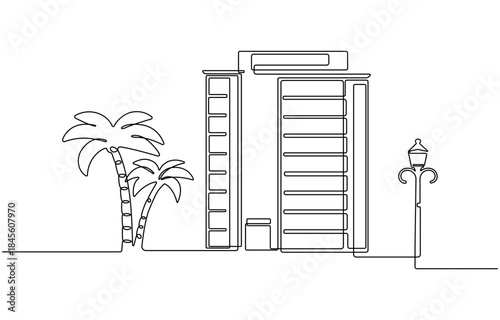 Office center or industrial building construction in single outline illustration.