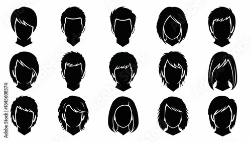 Collection of Black Silhouettes of Diverse Hairstyles for Men and Women.
