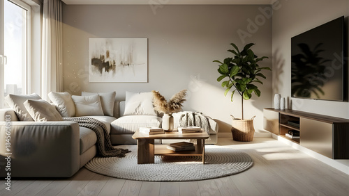 Cozy modern living room, 3D rendering, warm natural light, soft fabrics, wooden floor, clean uncluttered space, realistic stock photo quality
