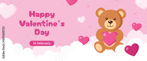 Happy Valentine's Day Banner Illustration with Cute Teddy Bear Holding Heart on Pink Cloud Background