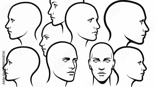 Collection of diverse human head profiles and frontal views in black and white line art style.