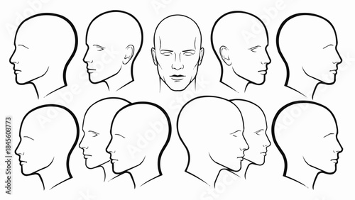 Collection of Human Head Outlines in Various Angles and Expressions.