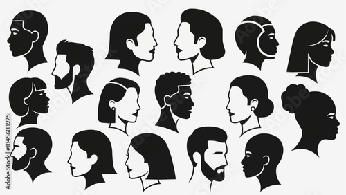 Diverse Silhouettes of Human Heads in Profile View.
