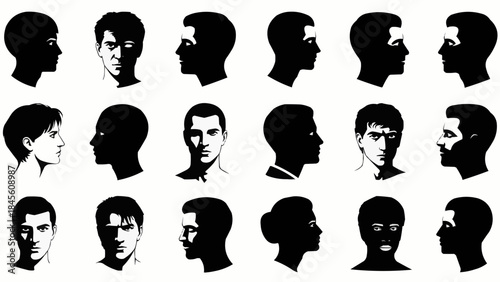 Collection of Diverse Male and Female Head Silhouettes in Profile and Frontal Views.