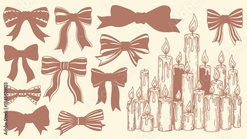 Hand-drawn Vintage Bows and Burning Candles Set with Dripping Wax