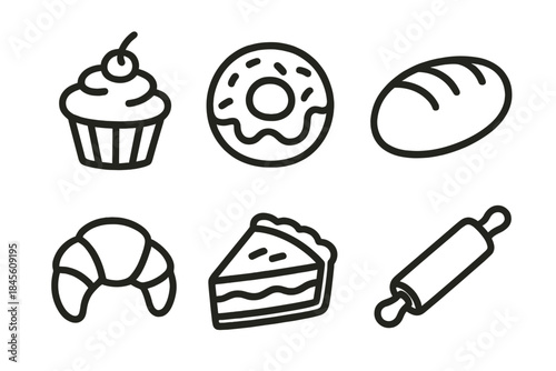 Icons of baked goods including cupcake, donut, and pie on yellow background