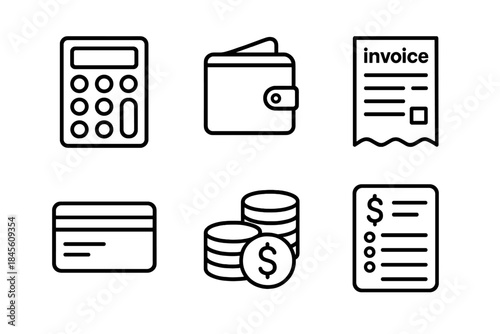 Finance icons set including calculator, wallet, invoice, and currency symbols
