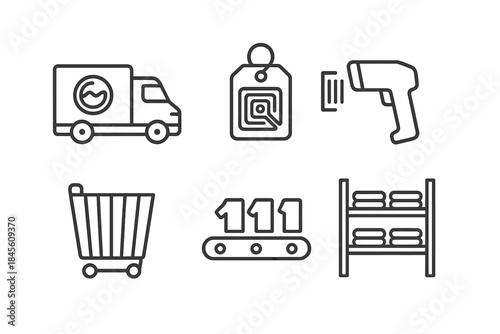 Logistics and delivery icons with barcode scanner and shelving