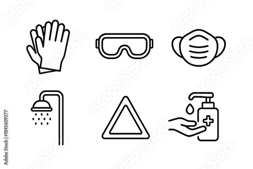 Safety equipment icons including gloves, goggles, and mask
