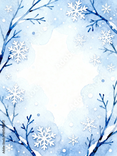 Watercolor winter frame with bare snowy branches and snowflakes