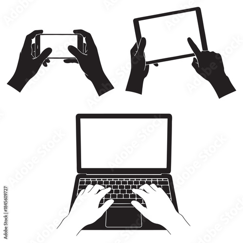 Hands Using Smartphone Tablet and Laptop Silhouette Illustration
Technology Devices Interaction Silhouette Set with Mobile Tablet and Laptop
Digital Devices and Human Hands Silhouette for Modern Tec