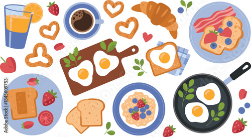 Cute breakfast food set with eggs toast coffee fruits and pancakes vector illustration for morning meal design