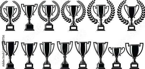 Realistic 3D rendered golden trophy cup with ornate handles and a star emblem on a glossy black tiered base, symbolizing first place, victory, and sports achievement vector illustration.