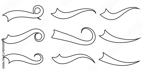 Swoosh line vector, underline swish, stroke swash swirl, curly hand drawn text calligraphic brush tail, black fireworks icon set. illustration in eps 10.
