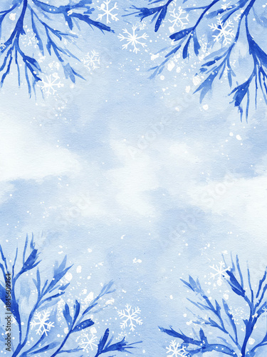 Watercolor winter frame with bare snowy branches and snowflakes