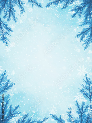 Watercolor winter frame with bare snowy branches and snowflakes